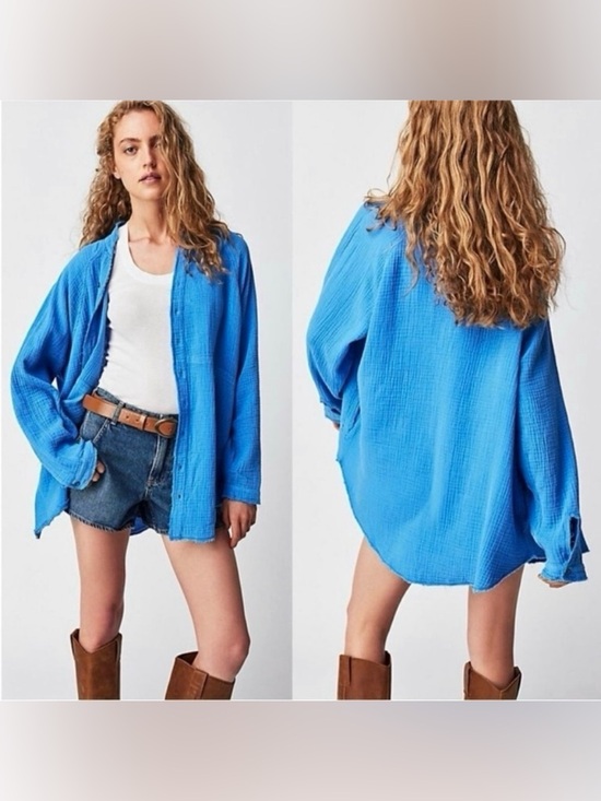 Free People Tops - We The Free Summer Daydream Button Shirt Top Womens S Blue Long Sleeve Oversized